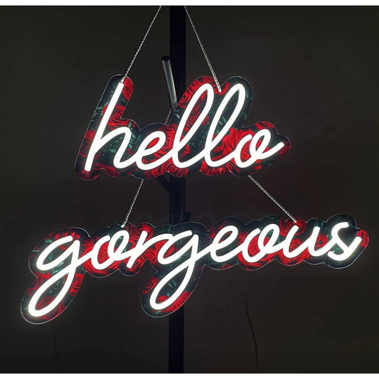 Beautiful Rose Background “Hello Gorgeous” LED Light Sign Room Decoration