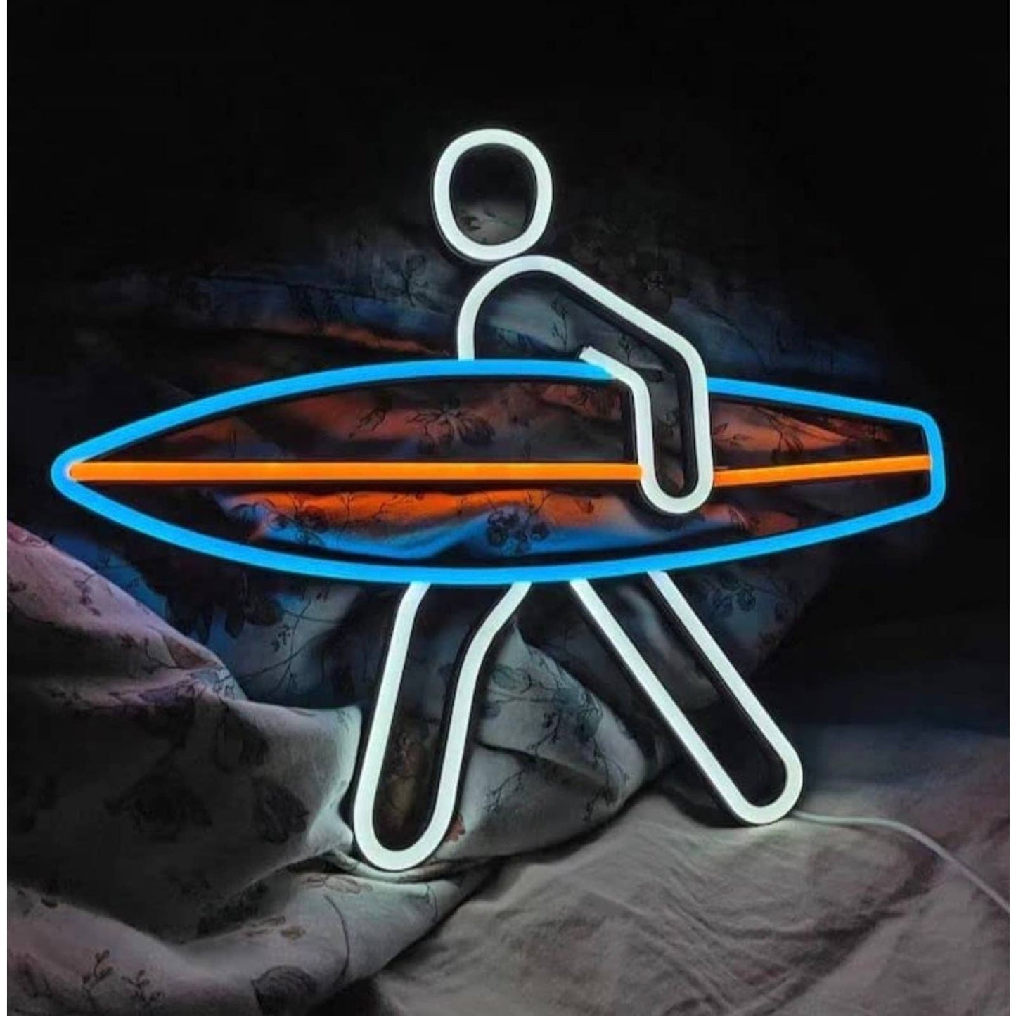 Cool Bright Blue Surfboard Man LED Night Light Sign Room Wall Decoration