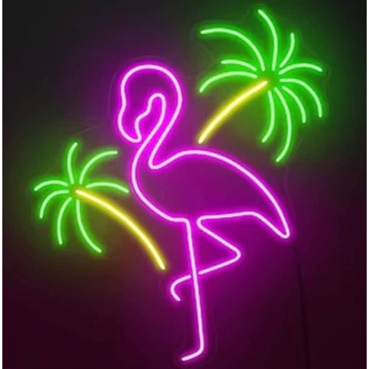 Lovely Large Bright Pink Flamingo and Palm Trees LED Night Light Room Wall Decor
