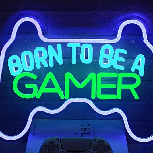 Fun Bright Blue “Born to be a Gamer” LED Night Light Room Wall Decoration