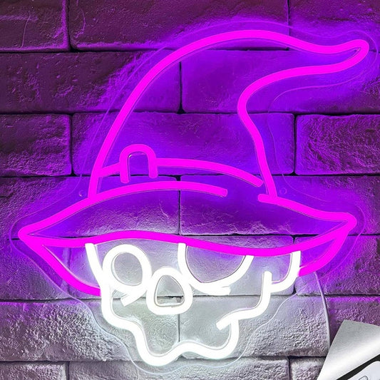 Spooky Bright Skeleton Skull Purple Witch Hat LED Night Light Halloween Decor