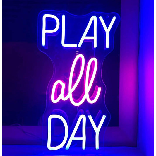 Fun Vivid Bright Pink/Blue “Play All Day” LED Night Light Room Wall Decor