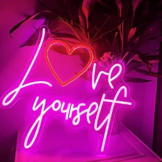 Lovely Large Bright Pink “Love Yourself” Red Heart LED Night Light Room Wall Dec
