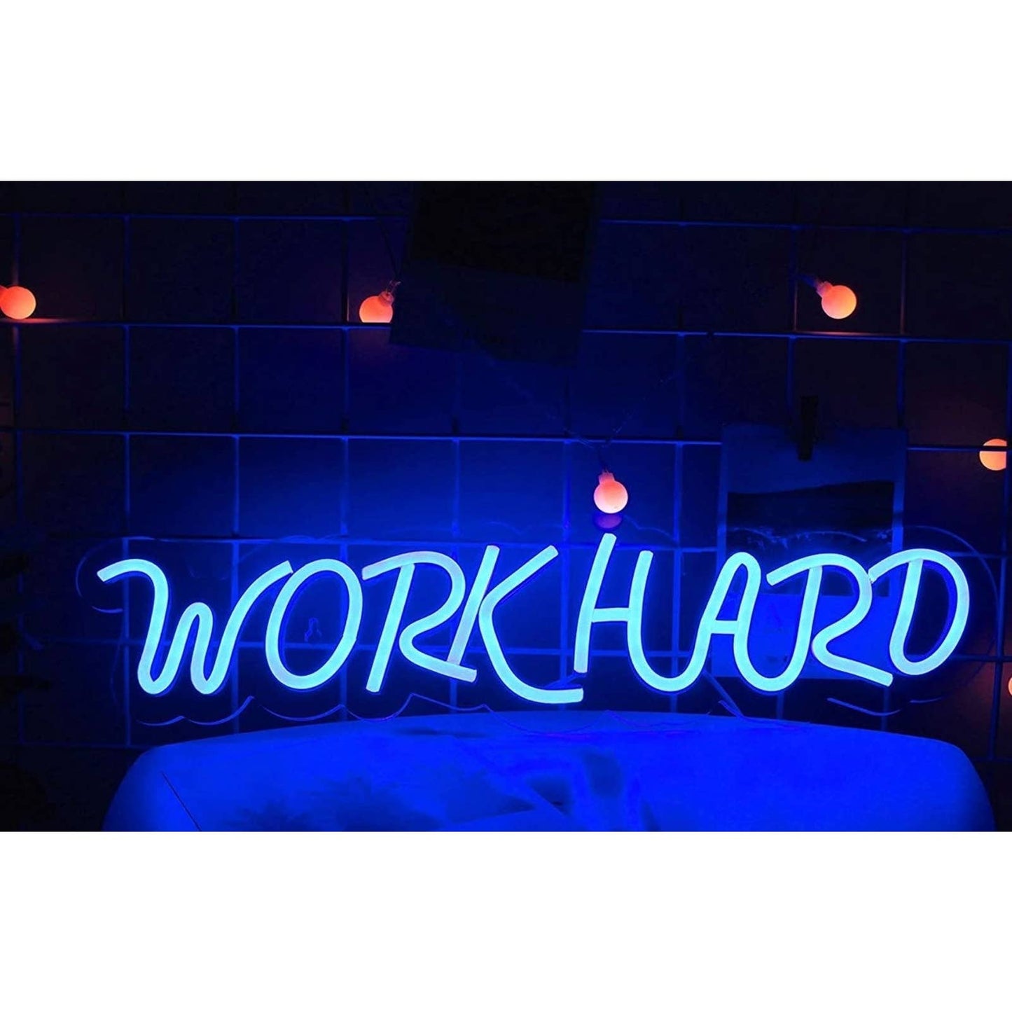 Bright Blue “Work Hard” LED Light Deco