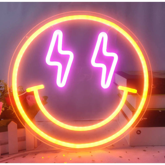 Lovely Bright Yellow Pink Lightning Bolt Eyes Smiley Face LED Night Light Decor