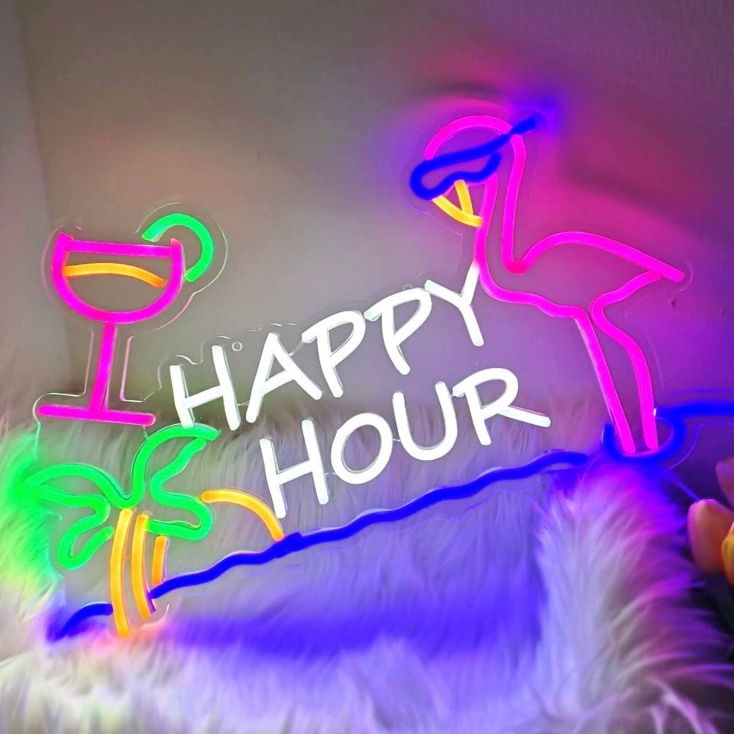 Fun Bright Color Happy Hour Pink Flamingo Sunglasses Palm Tree LED Bar Light Dec