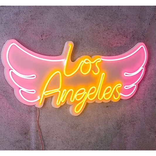 Fun Bright Vivid Pink / Yellow Los Angeles Angel Wings LED Light Room Wall Decor