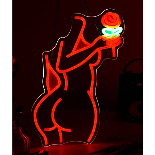 Lovely Bright Red Woman with a Rose LED Night Light Room Wall Decor