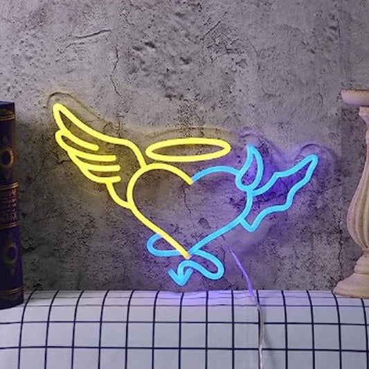 Lovely Bright Blue / Yellow Angel Wing Devil Heart LED Night Light Room Wall Dec