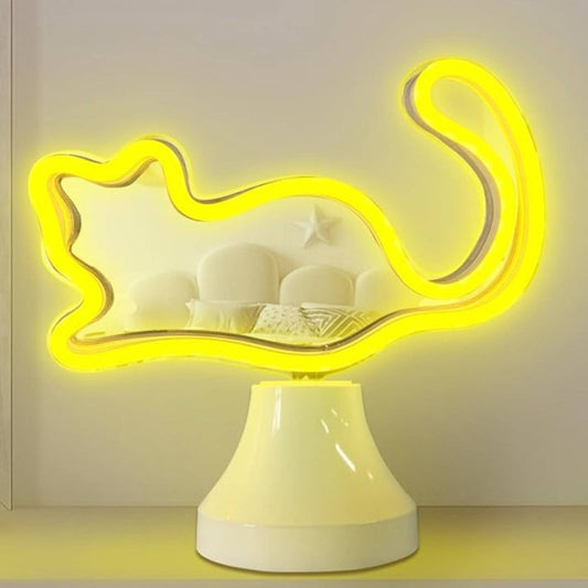 Vivid Bright Warm Yellow Kitty Cat LED Night Light Table Lamp Mirror Decor
