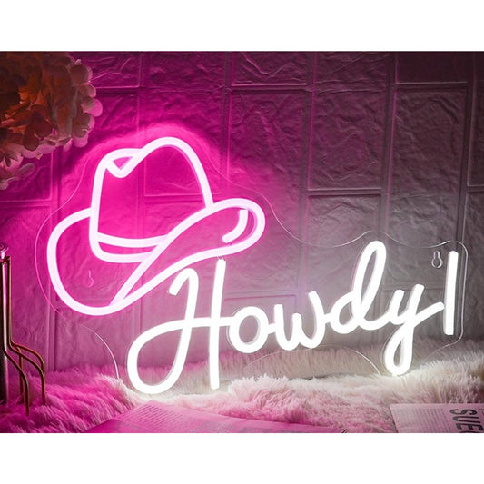 Lovely Bright Pink Cow Girl Hat Howdy! LED Night Light Room Wall Decor