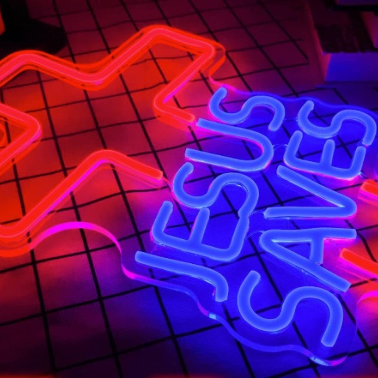 Vivid Bright Blue / Red Jesus Saves Cross LED Night Light Christian Decoration
