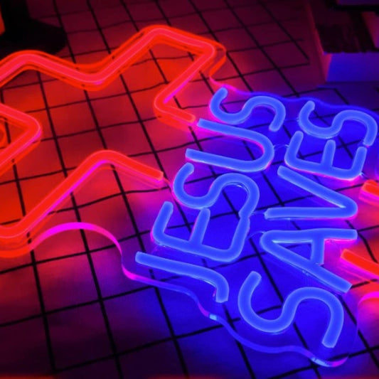 Vivid Bright Blue / Red Jesus Saves Cross LED Night Light Christian Decoration