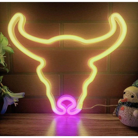 Bright Yellow & Pink Bull Head LED Night Light Room Wall Decoration