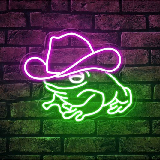 Cute Bright Green Frog with Pink Cowboy / Cowgirl Hat LED Night Light Room Wall