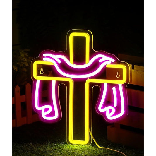 Vivid Bright Yellow Cross and Pink Cloth LED Night Light Christian Decoration