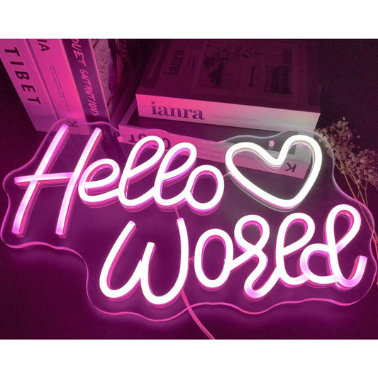 Lovely Bright Pink Hello World White Heart LED Night Light Room Wall Decoration