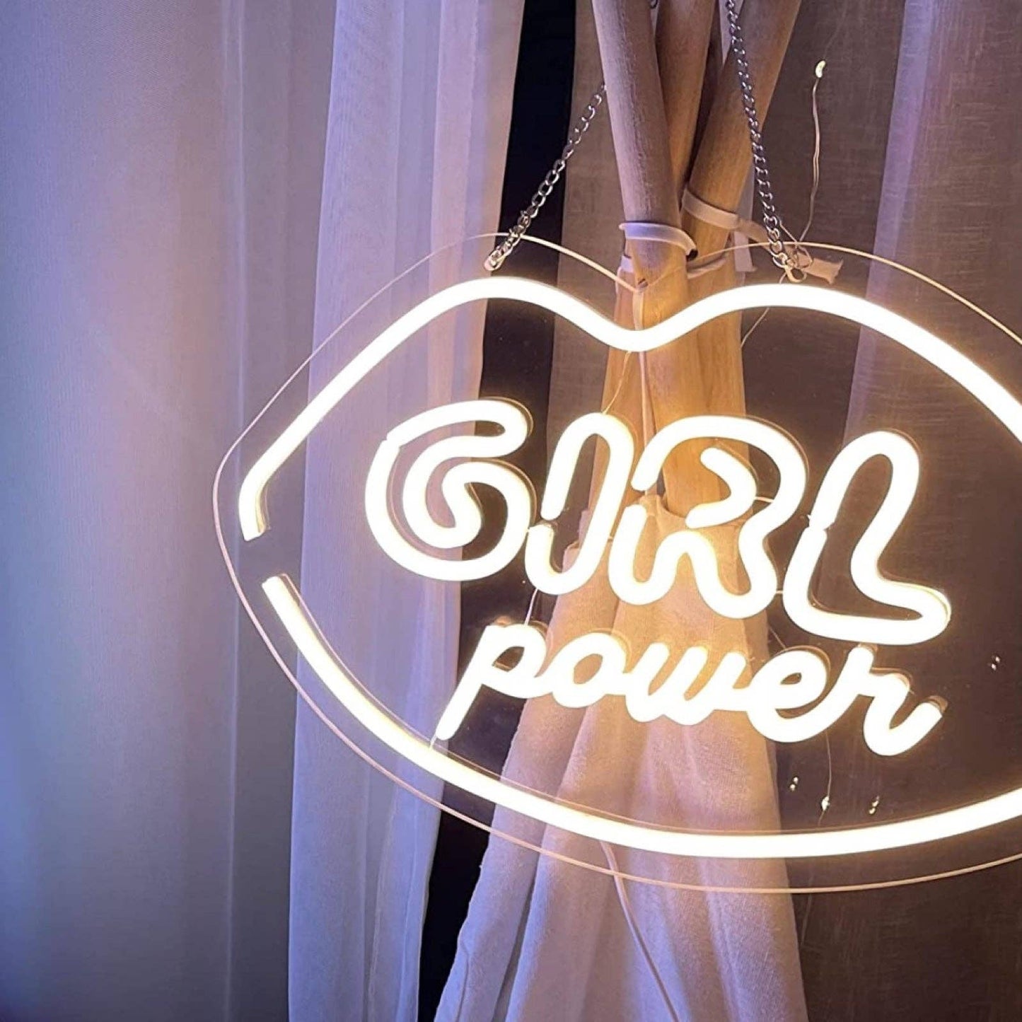 Lovely White Girl Power Lips LED Night Light Sign Room Wall Decor