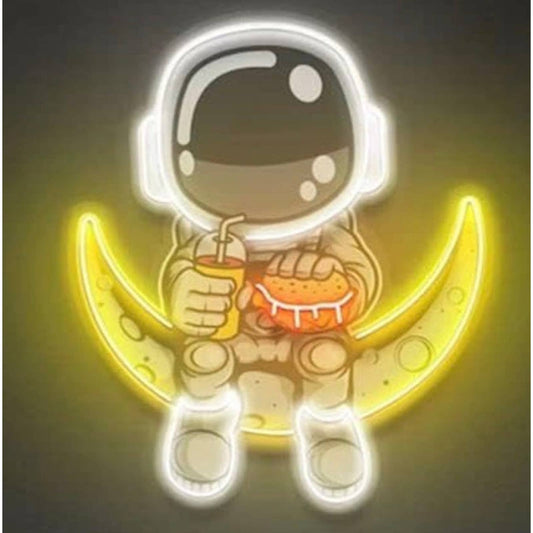 Fun Bright Astronaut Eating on a Crescent Moon LED Night Light Room Wall Decor
