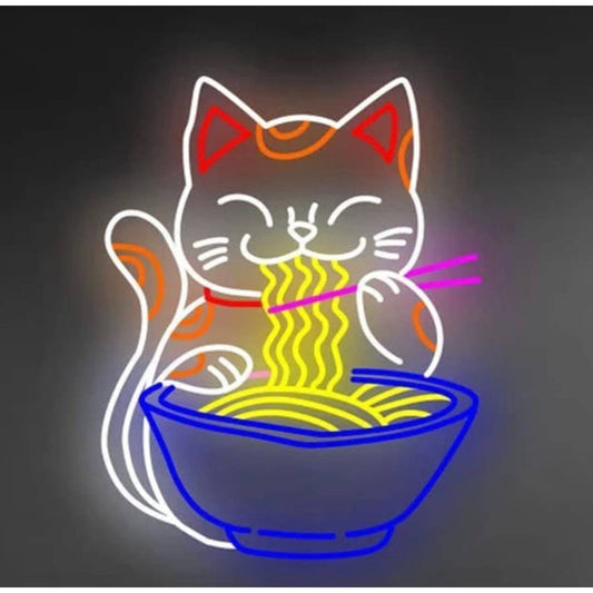 Fun Bright Cute Chinese Cat Eating Bowl of Noodles LED Night Light Wall Art Deco