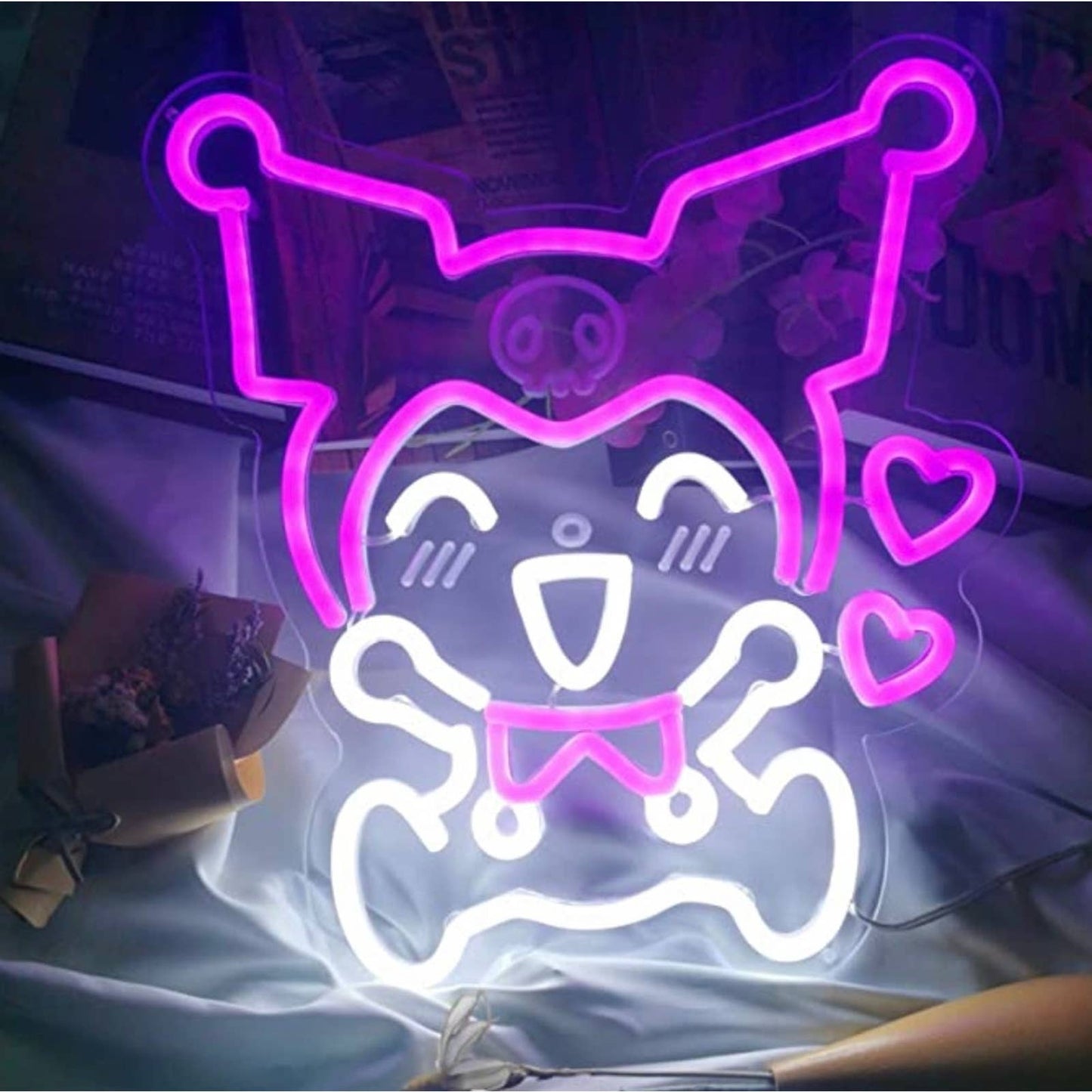 Cute Bright Pink Happy Kuromi Anime LED Night Light Anime Japan Room Wall Decor