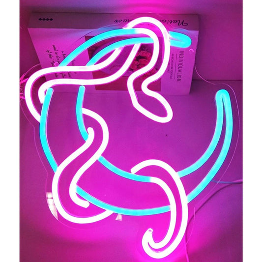 Lovely Vivid Bright Pink Snake Wrapped Around Blue Crescent Moon LED Light