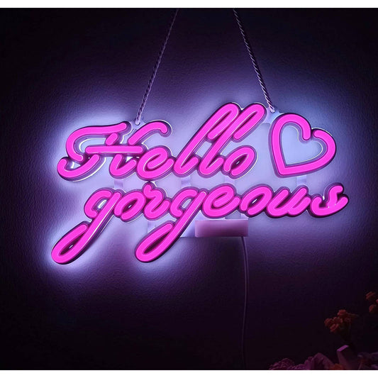 Lovely Bright Pink Empowering “Hello Gorgeous” LED Night Light Room Wall Decor