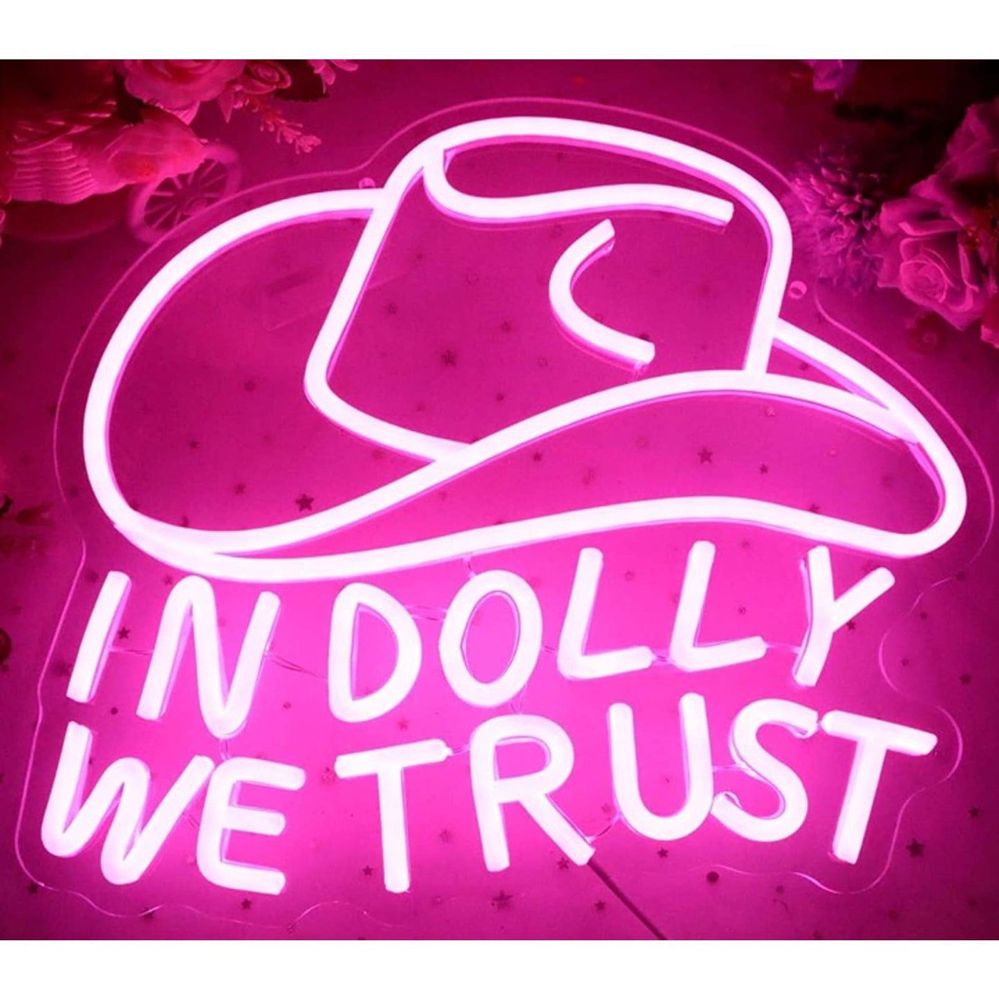 Fun Bright Pink “In Dolly We Trust” Cow Girl Hat LED Light Country Decor