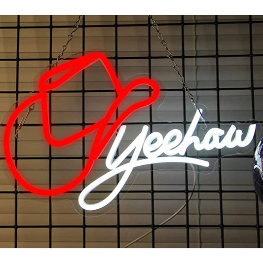 Fun Bright Red / White Yeehaw Cowboy Hat LED Night Light Sign Wall Decor
