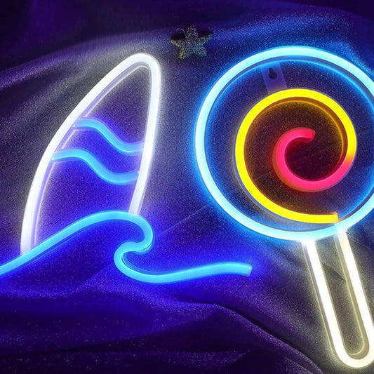 Fun Bright Blue Ocean Wave Surf Board & Lollipop LED Light Room Wall Decor