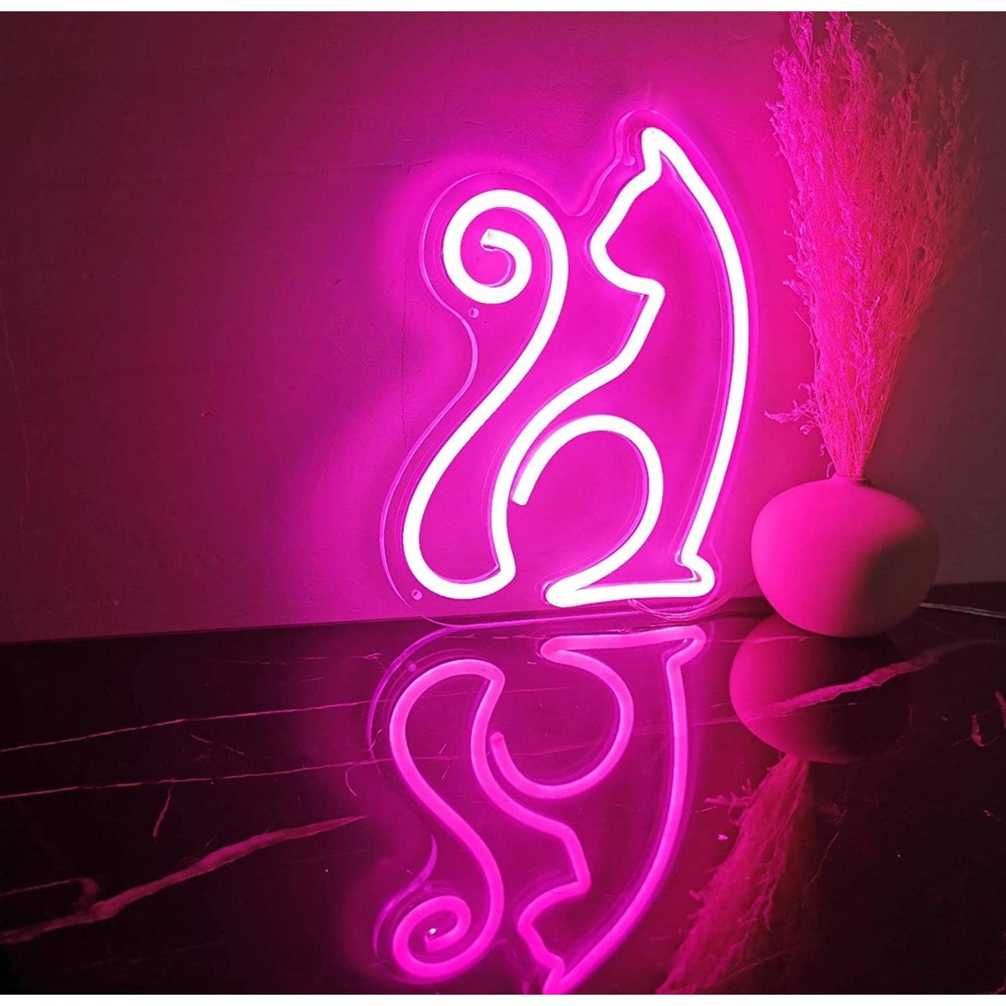 Lovely Vivid Pink Curly Tail Kitty Cat LED Night Light Room Wall Decoration