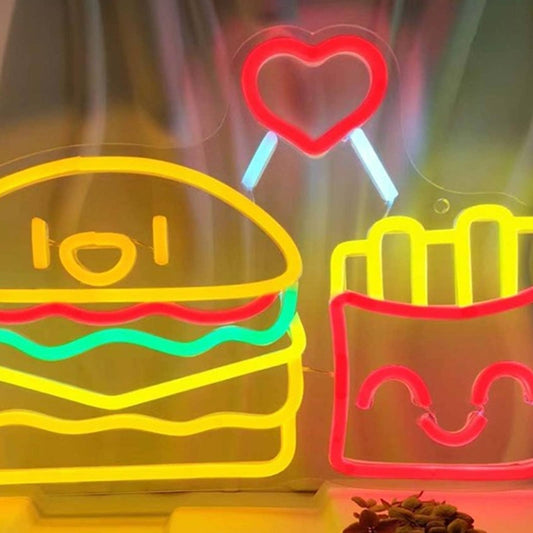 Fun Happy Tasty Bright Burger & Fries Love Heart LED Night Light Room Wall Decor