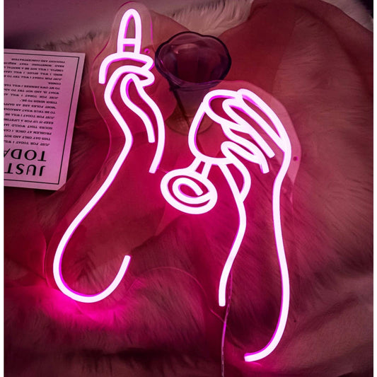 Lovely Bright Pink Women’s Hands with Wine Glass LED Night Light Bar Wall Decor