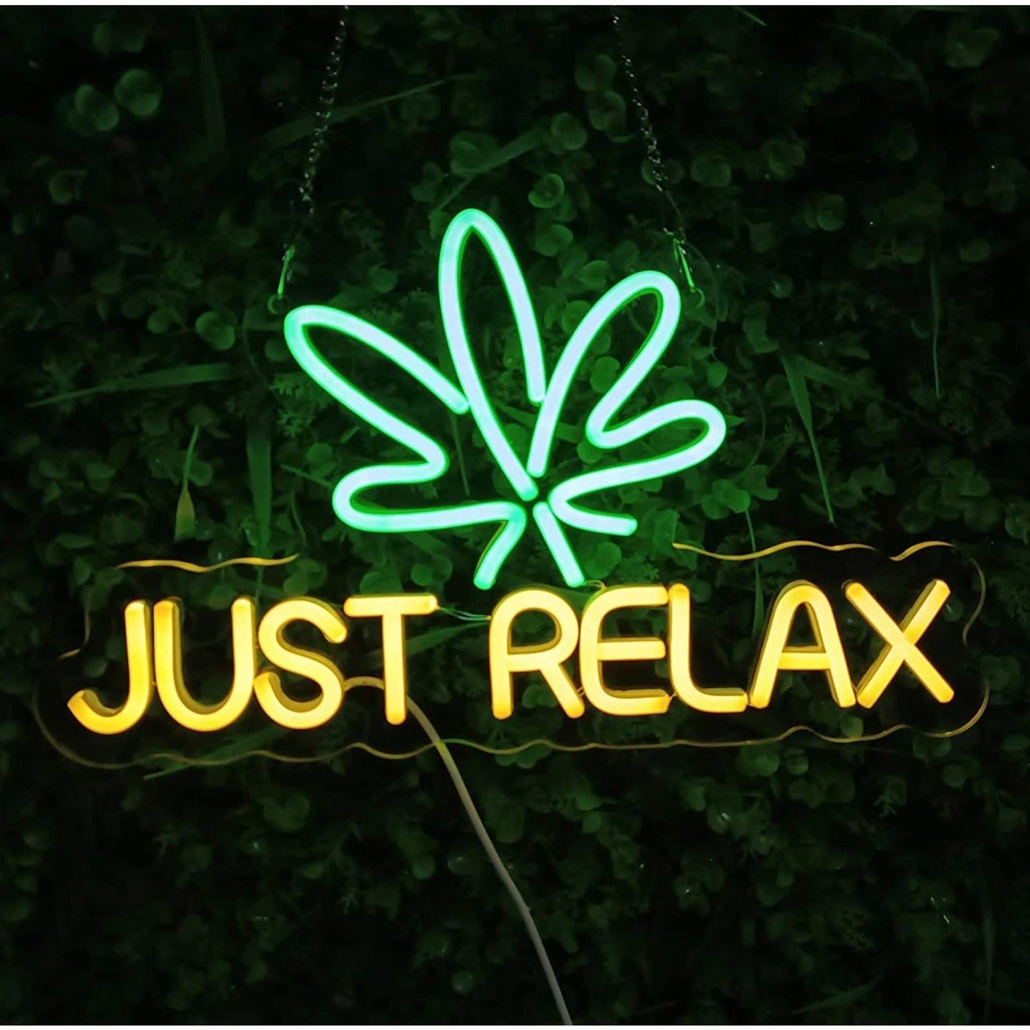 Bright Warm White / Green Just Relax Plant LED Night Light Sign Room Wall Decor