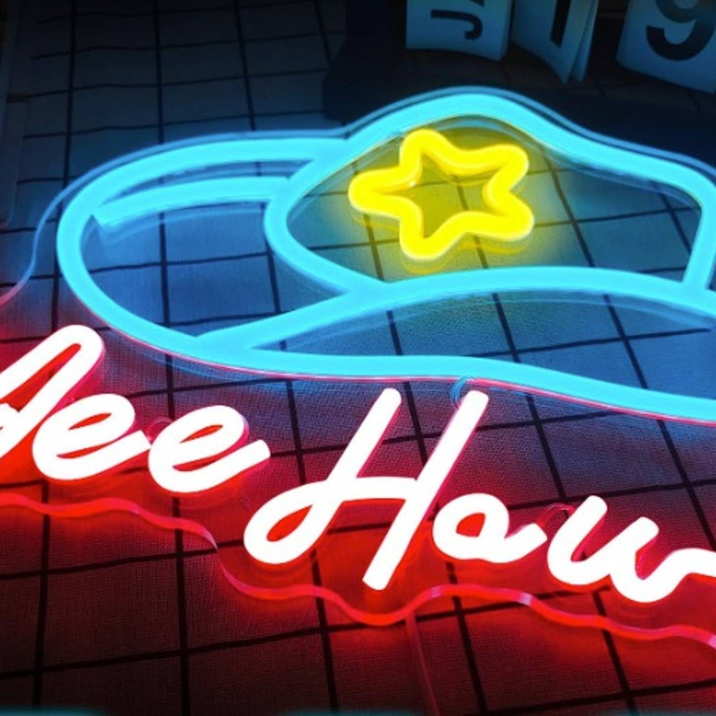 Fun Bright Colorful “Yee Haw!” Blue Cow Boy Hat Star LED Night Light Room Wall D