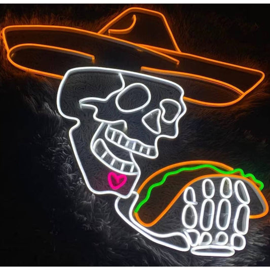 Fun Bright Mexican Skeleton Skull Eating Taco LED Night Light Sign Room Decorati