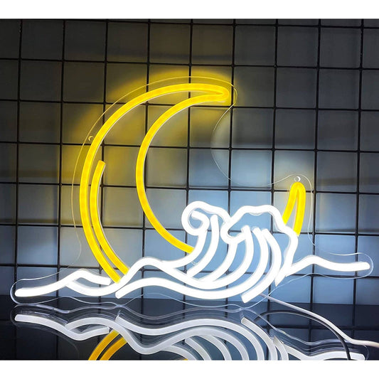 Lovely Bright Warm Yellow Crescent Moon in Ocean Waves LED Nigh Light Room Wall