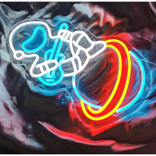 Fun Bright Baby Astronaut Playing Guitar on Planet LED Night Light Room Wall Dec