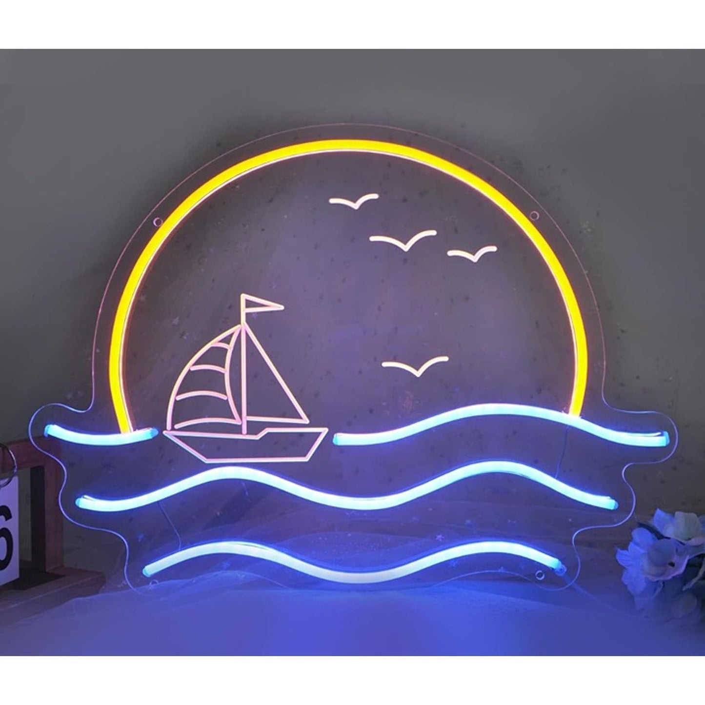 Lovely Bright Pink Little Sail Boat on the Sea w/ Sunset LED NightRoom Wall Deco