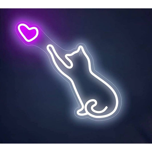 Adorable Kitty Cat Reaching for Pink Heart LED Night Room Wall Decoration