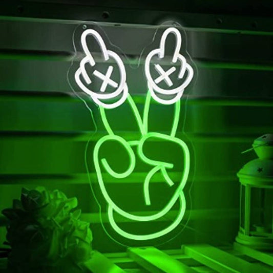 Fun Vivid Bright Green Kaws Peace Hand LED Night Light Cartoon Room Wall Decor
