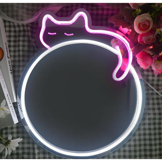 Lovely Bright Pink Kitty Cat Circle Mirror LED Night Light Room Wall Decor