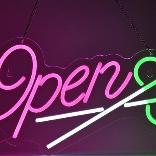Vivid Bright Pink Open Green Scissors Barber Shop LED Light Salon Sign