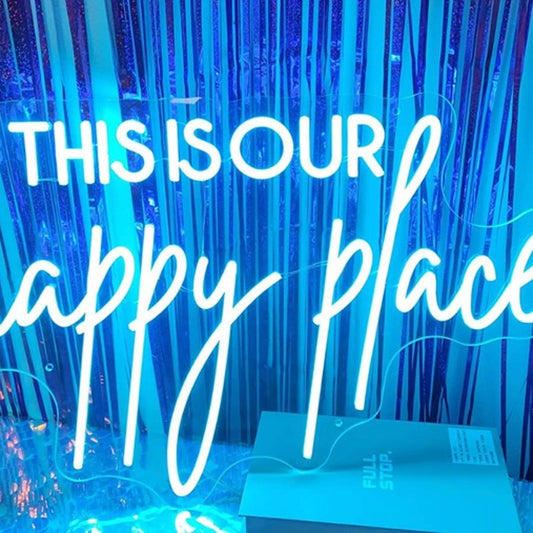 Lovely Large Bright Blue “This is Our Happy Place” LED Light Wall Decor