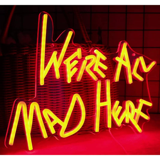 Fun Red “We’re All Mad Here” LED Light Room Wall Alice in Wonderland Decor