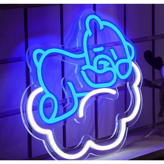 Lovely Bright Blue Sleeping Teddy Bear on a Cloud LED Night Light Room Wall Deco