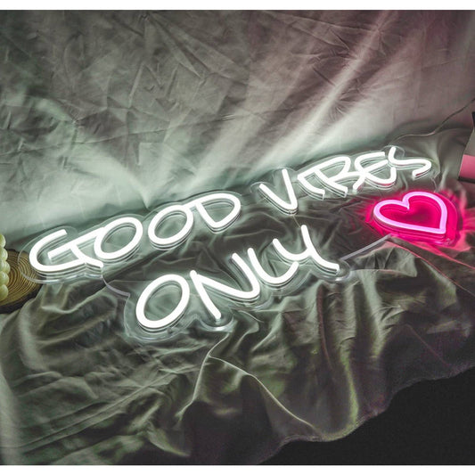 Lovely Bright Cute Good Vibes Only Pink Heart LED Night Light Sign Room Wall Dec