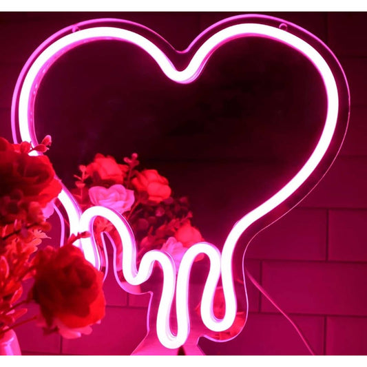 Lovely Bright Pink Melting Heart Mirror LED Night Light Room Wall Decor