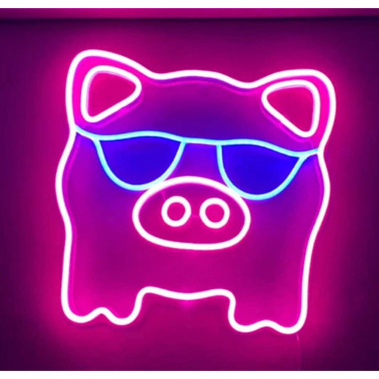 Cute Bright Pink Pig in Sunglasses LED Night Light Room Wall Art Decor