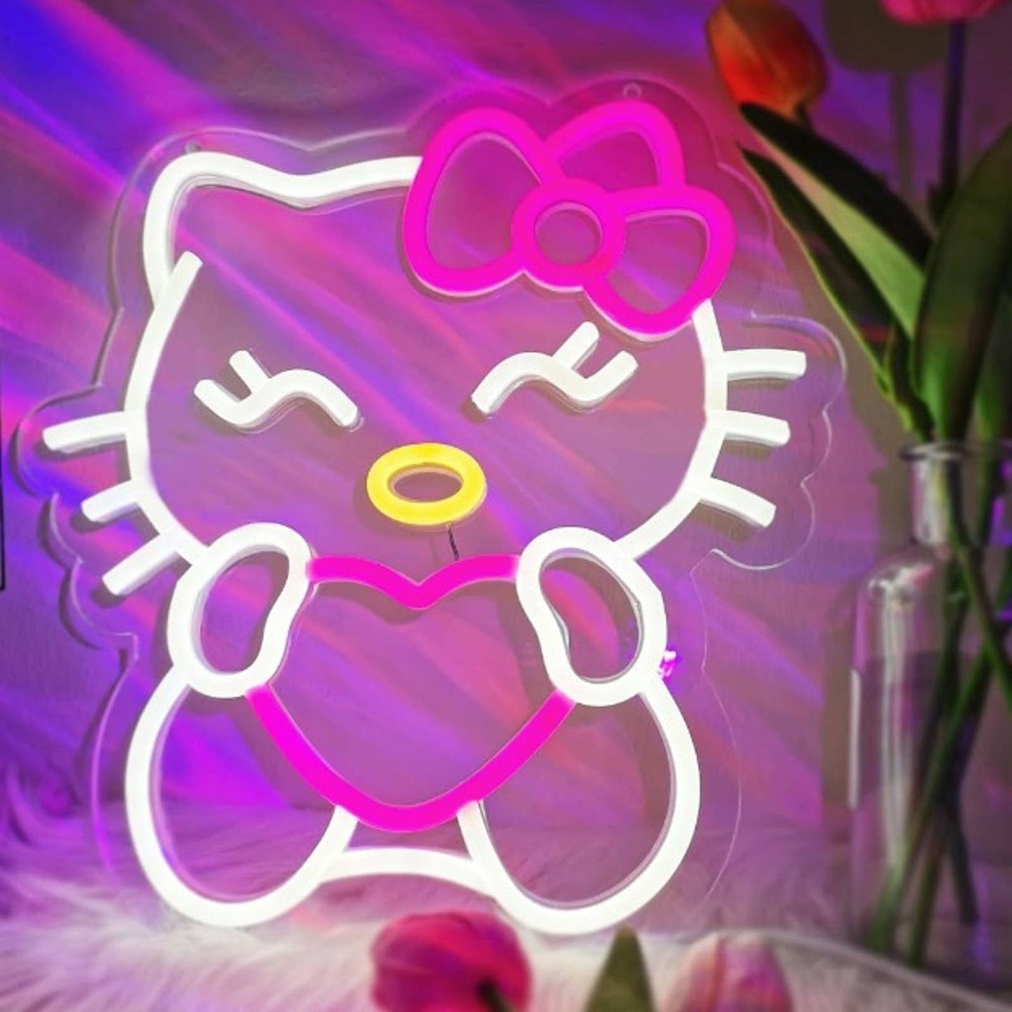 Adorable Bright Pink Hello Kitty Cat Heart Love LED Night Light Anime Decor